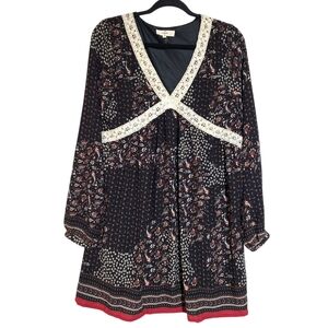 Entro Black Floral Print Dress Boho Peasant Prairie Long Sleeves Women's Small